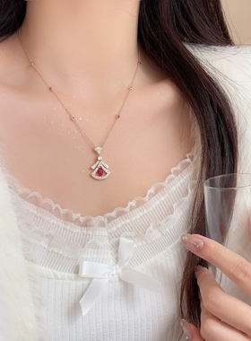 FANXU B家法式小裙子锁骨链项链高级感红色锆石扇子耳环耳钉