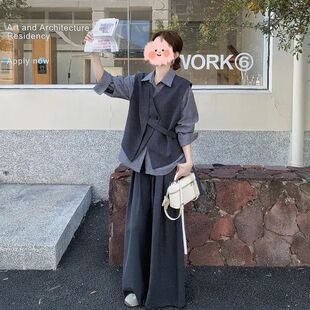 含义三件套秋季 套装 马甲条纹衬衫 休闲阔腿裤 时尚 2026早秋气质新款