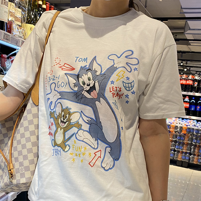 新款猫咪手绘老鼠卡通可爱女亲子亲密装t恤卡通印花小众潮ins短袖