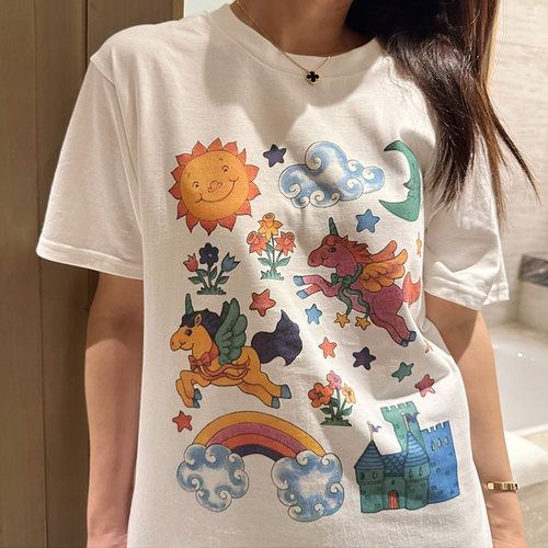 夏季新款复古城堡彩虹独角兽全棉印花宽松百搭圆领白色短袖T恤女