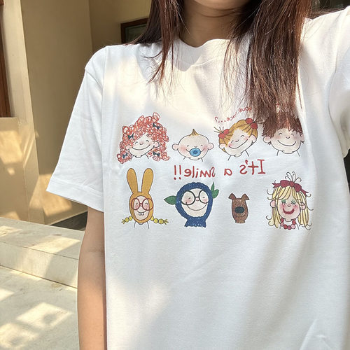 23春夏新款可爱笑脸娃娃全棉印花宽松百搭圆领白色短袖T恤女