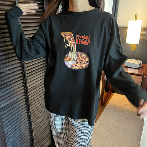 秋冬新款披萨PIZZA卡通图案印花宽松超显瘦打底百搭纯棉长袖卫衣T