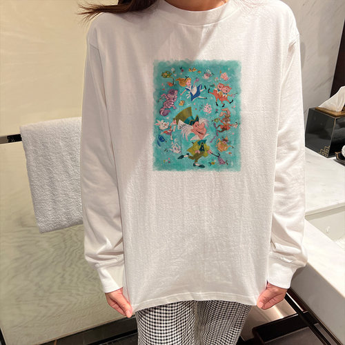 秋冬新款爱丽丝画报卡通印花宽松显瘦圆领白色打底纯棉厚长袖T恤