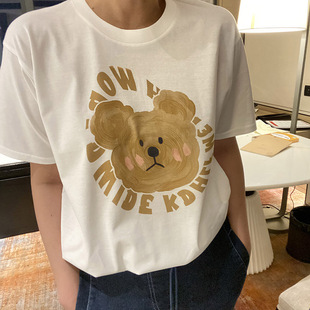 自制新款 可爱卡通油画小熊头像印花短T恤女圆领宽松印花简约夏季