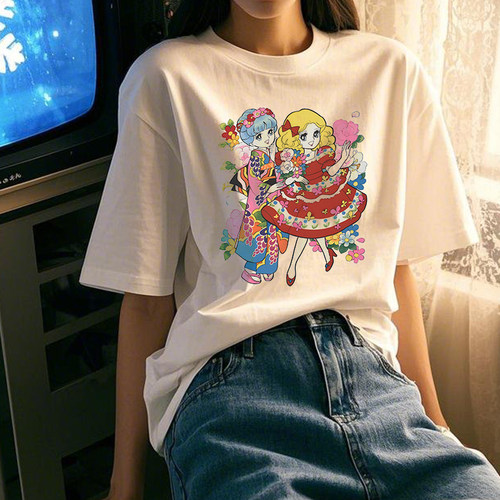 美式复古卡通小仙女全棉印花短袖T恤男女亲子宽松百搭休闲上衣潮