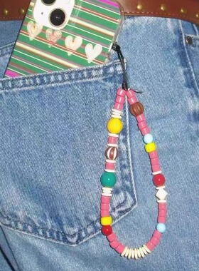 ins复古多巴胺童趣手机链条手机绳小众ccd串珠挂件防丢手腕挂绳粉