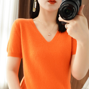 洋气毛衫V领短袖女2025夏季款纯色短款春秋毛衣内搭大码针织打底