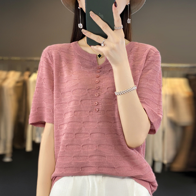 棉麻针织短袖t恤女上衣漂亮小衫