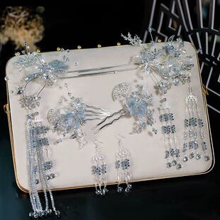 新娘头饰新中式白月光浅色水晶雾霾蓝秀禾服发饰古风汉服头饰高级