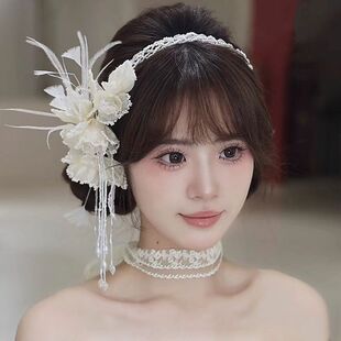 高级复古花朵羽毛串珠发带法式盖茨比额饰新娘婚纱晨袍赫本风头饰
