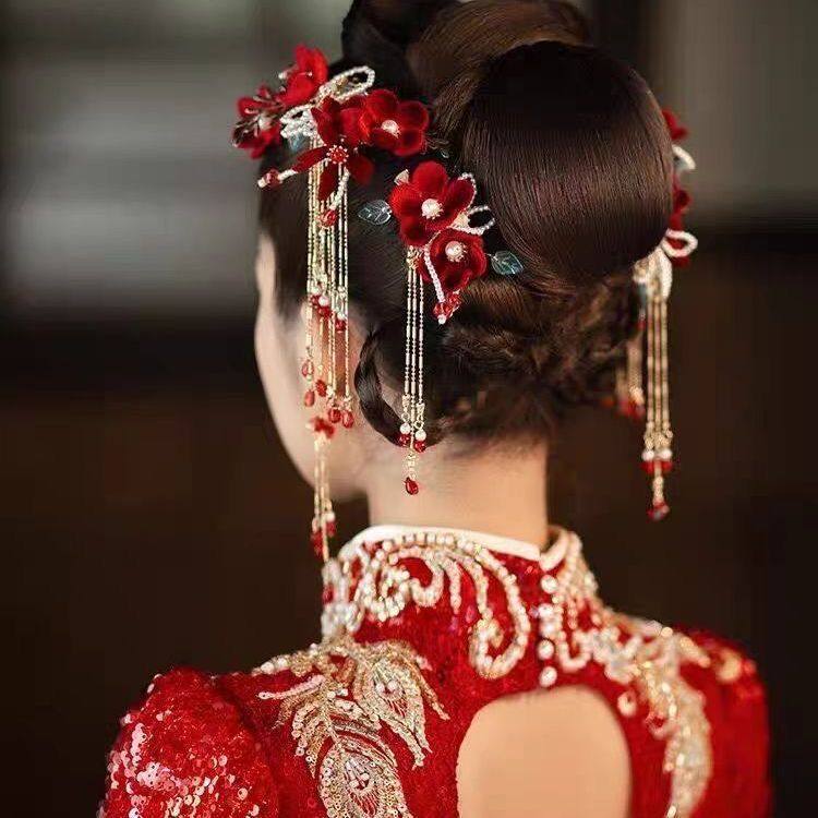 新娘红色结婚敬酒服发饰新中式旗袍2025新款秀禾服头饰女简单大气