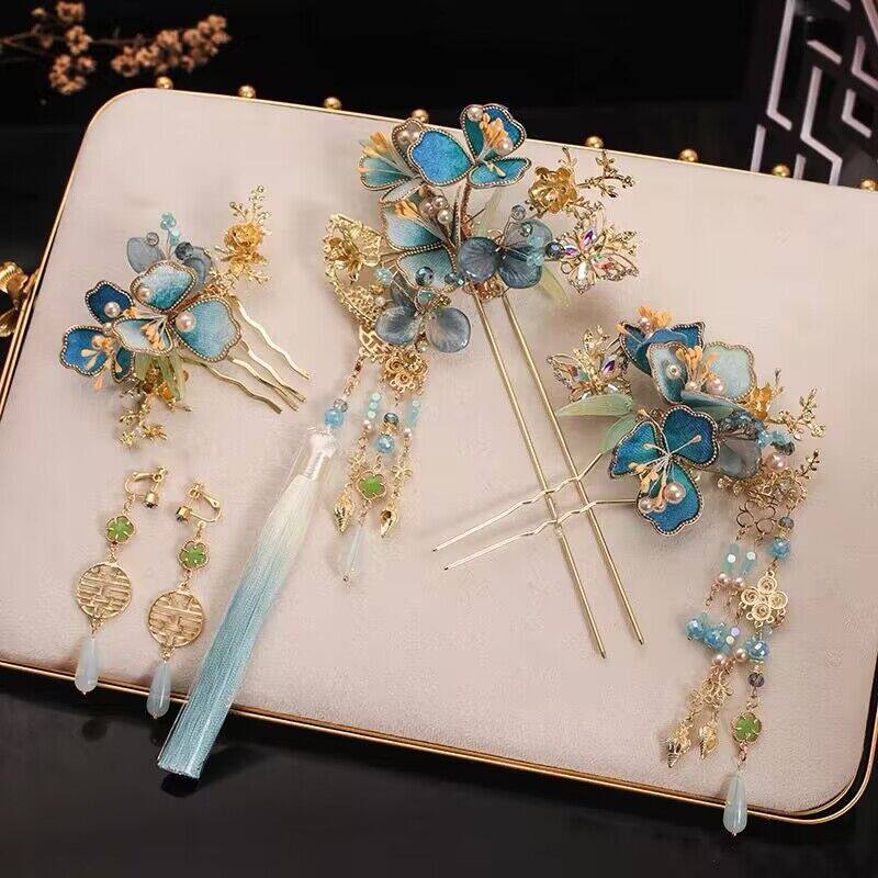 新中式新娘花朵发饰龙凤褂晨袍秀禾服礼服流苏发簪古风头饰配饰品