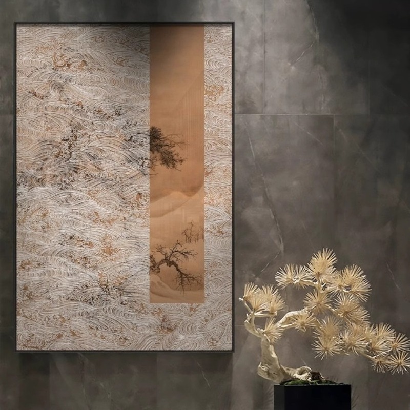 新中式风景浮雕肌理挂画客厅茶室玄关走廊壁画山水松树高档装饰画图片