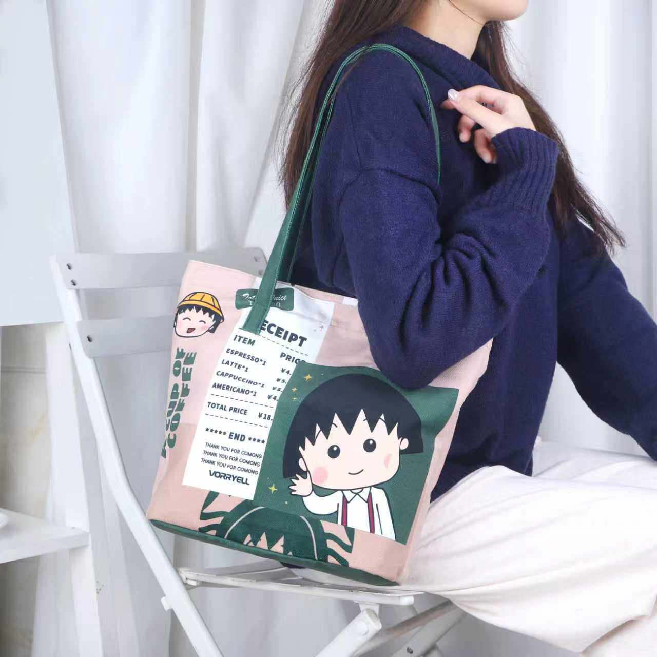 尚盈樱桃小丸子咖啡绒布袋结实耐用上班通勤手提包外出杂物收纳袋