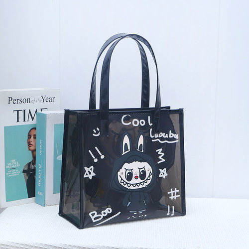 尚盈@labubu黑色小恶魔卡通款防水透明果冻包大容量收纳沙滩包包
