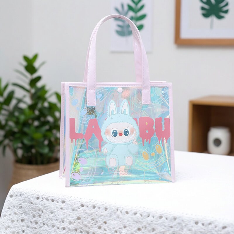 尚盈粉蓝labubu炫彩PVC透明手提袋大容量补习防水通勤手提果冻包