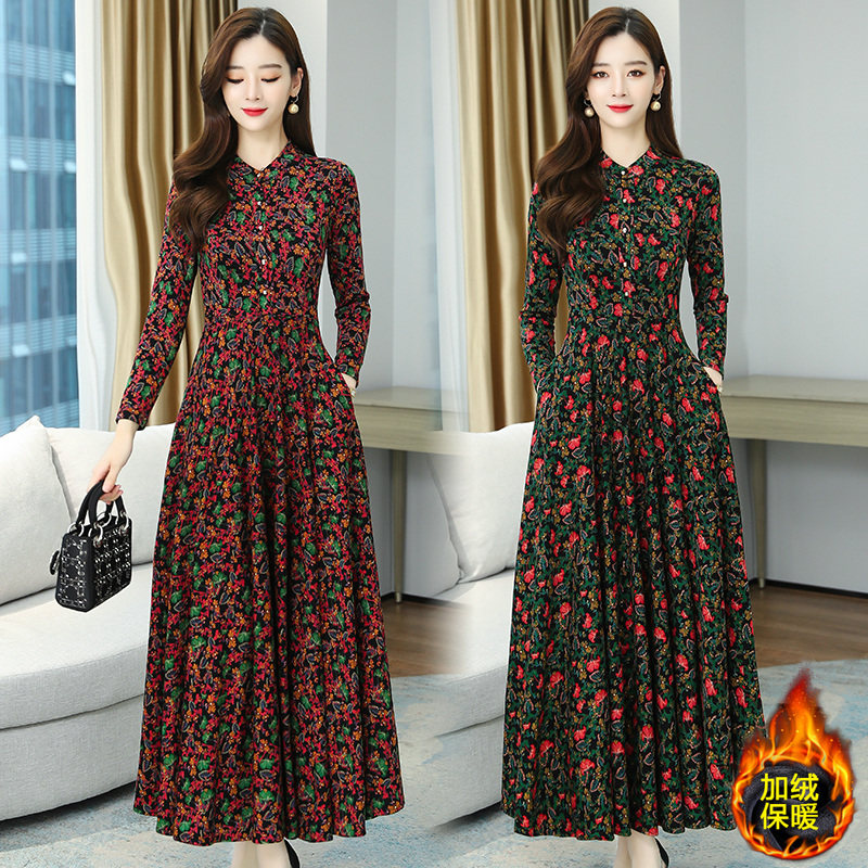 碎花大摆连衣裙女长裙子2020秋冬新款贵夫人减龄显瘦打底妈妈冬裙