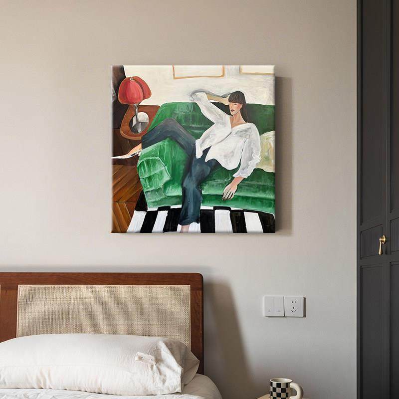 现代简约慵懒人物复古方形装饰画客厅玄关餐厅背景墙壁画挂画,家居饰品,油画,淘宝优惠券,粉丝福利购,淘宝优惠卷