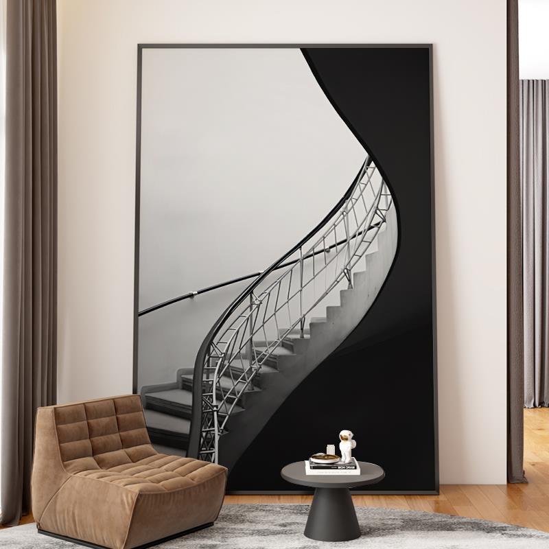 黑白灰风格装饰画抽象楼梯建筑客厅挂画现代轻奢过道玄关竖版壁画图片