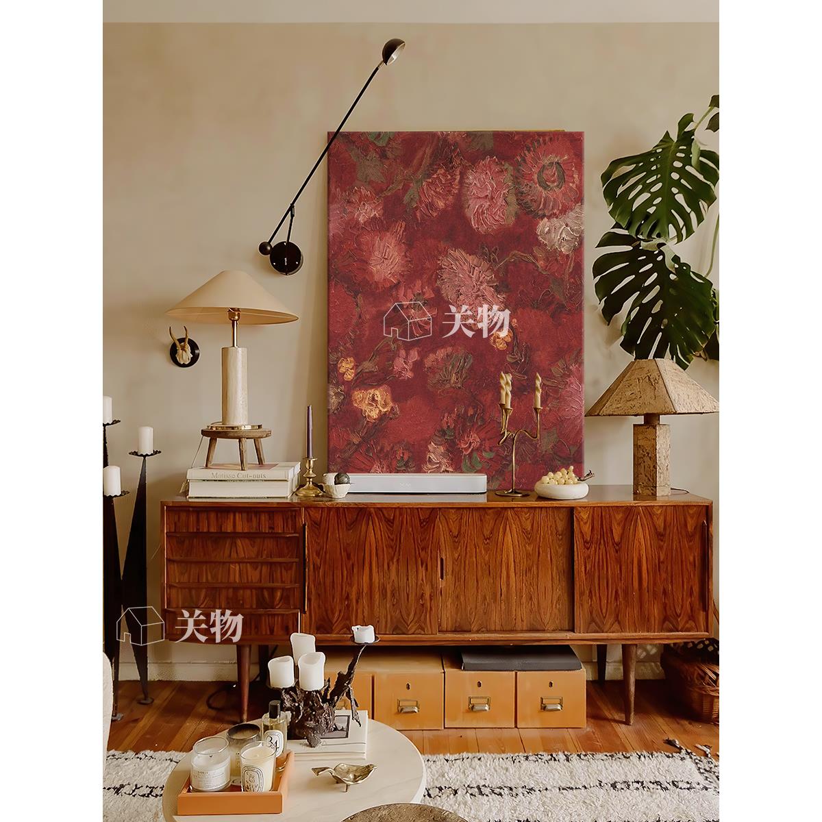 中古风抽象红色牡丹花卉肌理手绘油画复古艺术客厅装饰画玄关挂画图片