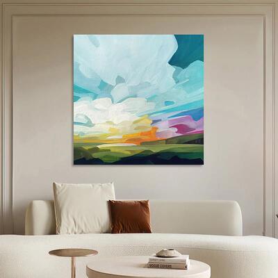 北欧风景蓝天白云手绘油画ins 潮流艺术抽象装饰画客厅玄关挂画