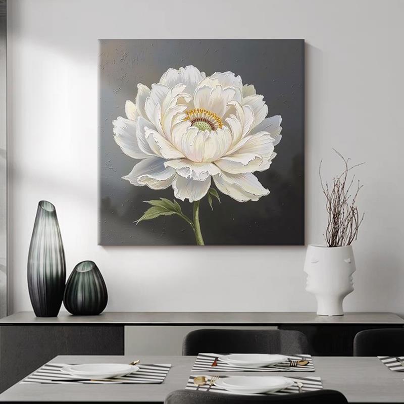 意式极简白牡丹纯手绘油画客厅餐厅方形花卉玄关肌理画高端装饰画图片