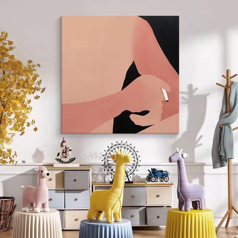 北欧风小众艺术高级感装饰画客厅餐厅手绘油画玄关挂画正方形壁画图片