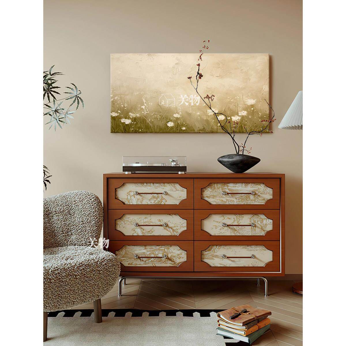 现代简约白色花卉手绘油画客厅装饰画唯美田园花朵电视背景墙挂画