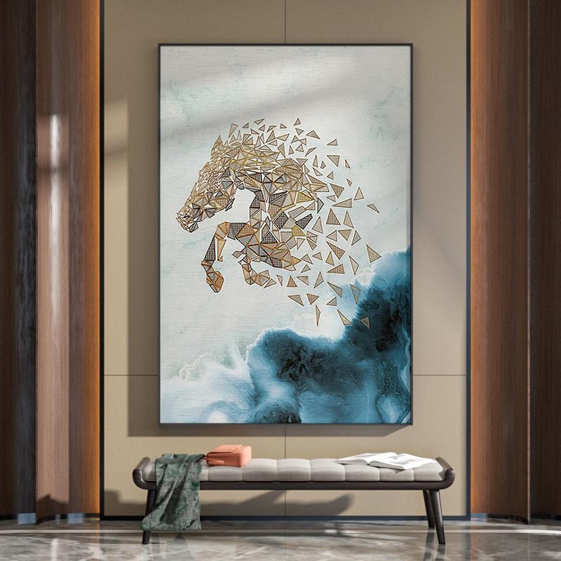 新中式抽象骏马客厅沙发背景墙装饰画竖版酒店别墅挑空层玄关挂画图片