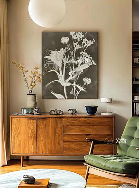 中古风黑白色抽象花卉纯手绘油画客厅装饰画抽象花朵玄关边柜挂画