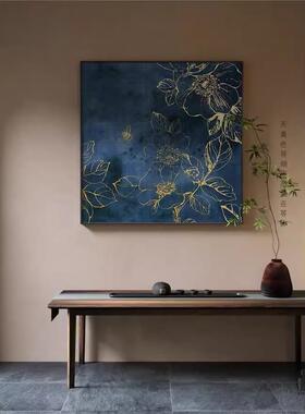 新中式蓝色高级感抽象轻奢花鸟卧室玄关客厅装饰画壁画方形挂画