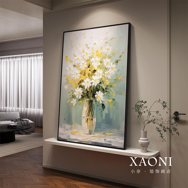 手绘油画山茶花客厅玄关装饰画立体肌理高级感餐厅现代花卉挂画图片