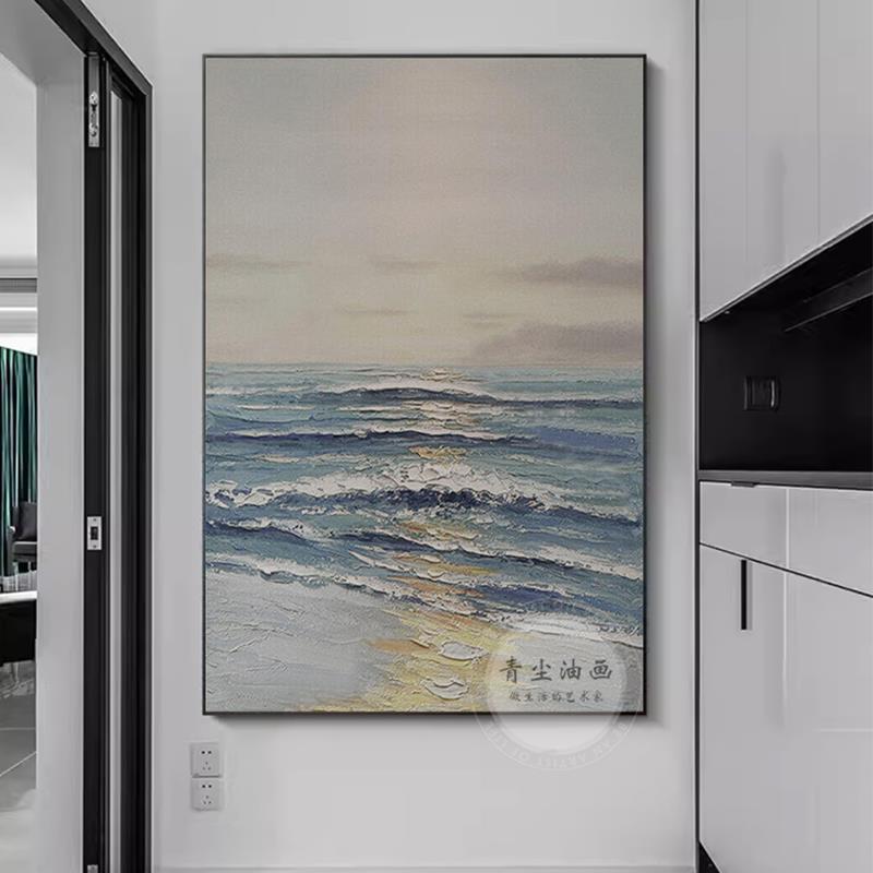 QC.ART手绘油画【静澜】高级简约海景画客厅餐厅沙发背景墙挂画