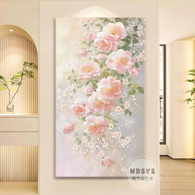 奶油风粉色牡丹玄关挂画现代客厅抽象花卉装饰画花开富贵手绘油画图片