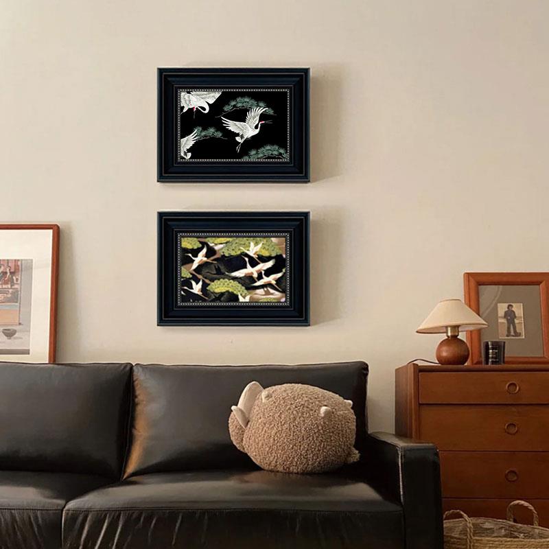 中古风仙鹤餐厅装饰画法式小众复古两联挂画美式沙发背景墙壁画