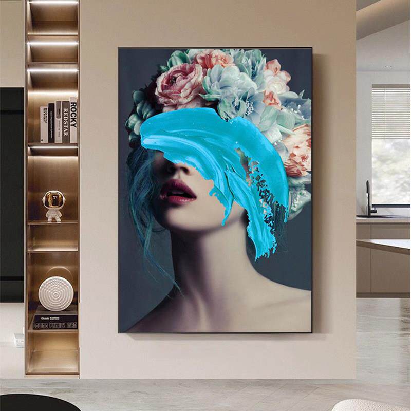 酒店玄关进门背景墙走廊装饰画人物美女蓝色抽象肌理感客厅挂画