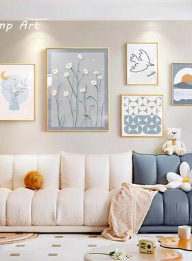 奶油风客厅沙发背景墙组合装饰画简约莫兰迪蓝色挂画小众艺术壁画