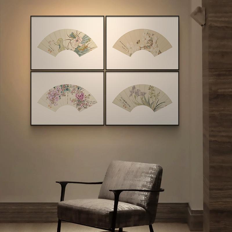 新中式扇面花卉装饰画玄关走廊过道禅意挂画酒店民宿茶室组合壁画