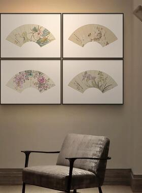 新中式扇面花卉装饰画玄关走廊过道禅意挂画酒店民宿茶室组合壁画