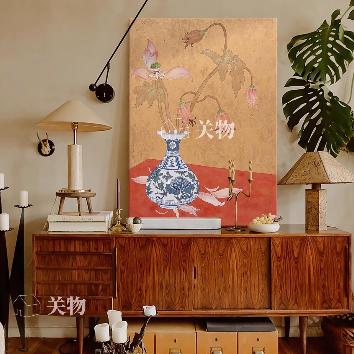 青瓷禅荷中式复古青花瓷花瓶书房客厅装饰画静物禅意入户玄关挂画图片