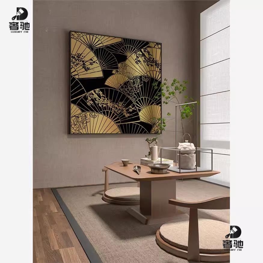 新中式卧室玄关客厅装饰画日式和风扇子金色高级感壁画方形挂画图片