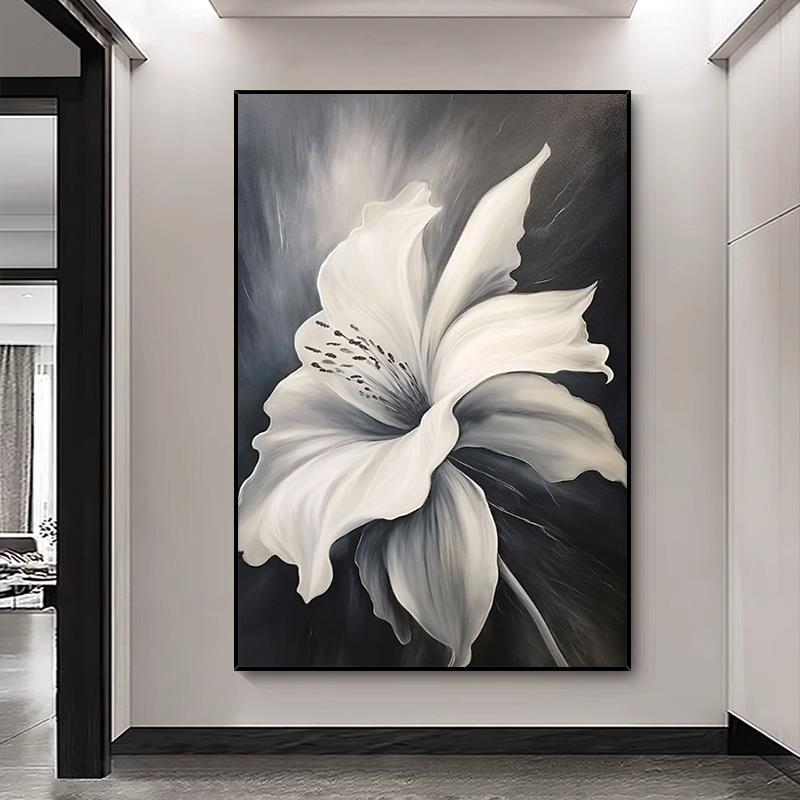 手绘油画绽放黑白花卉玄关背景墙装饰画抽象肌理客厅挂画现代落地图片
