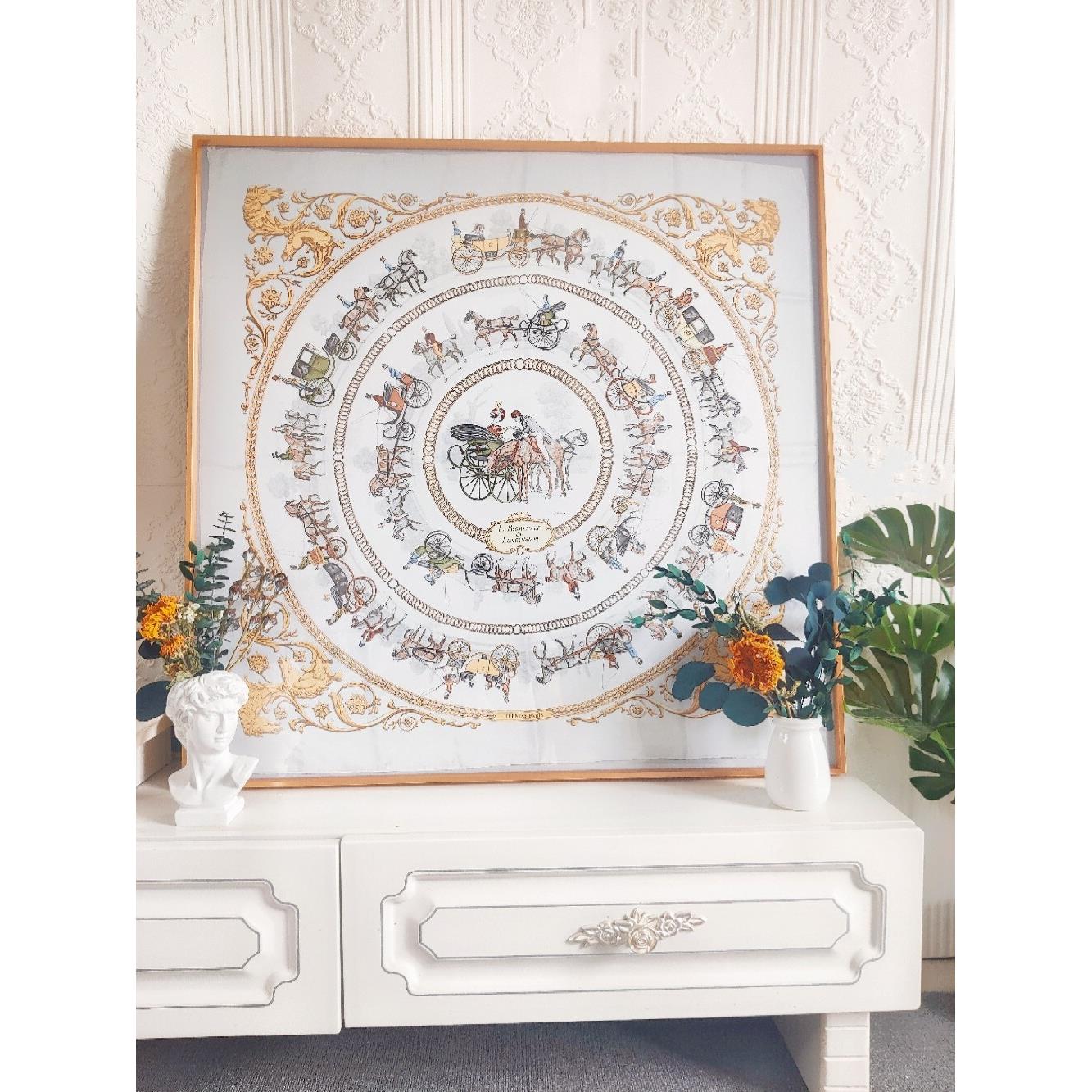 Vintage 丝巾画《骑士与公主》水灰色客厅玄关轻奢复古文艺装饰画