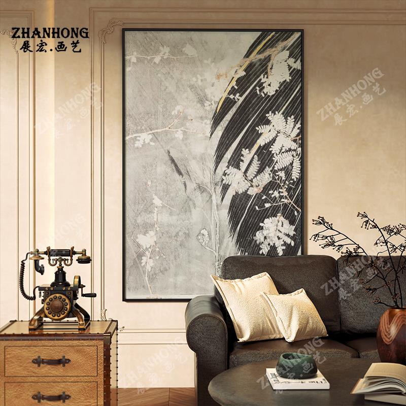 冷色东方美学高级感客厅背景墙挂画新中式玄关走廊过道植物装饰画