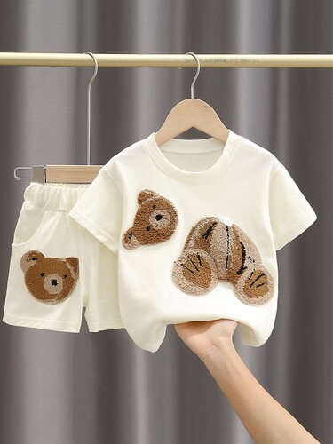 儿童休闲洋气运动套装夏季新款男女宝宝夏装卡通熊短袖t恤两件套
