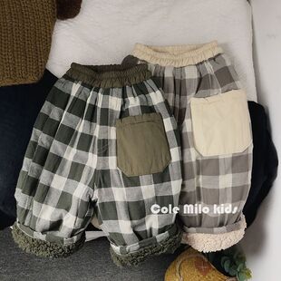 羊羔毛棉麻韩版儿童2025冬加绒加厚宽松男童女童格子宝宝裤子洋气