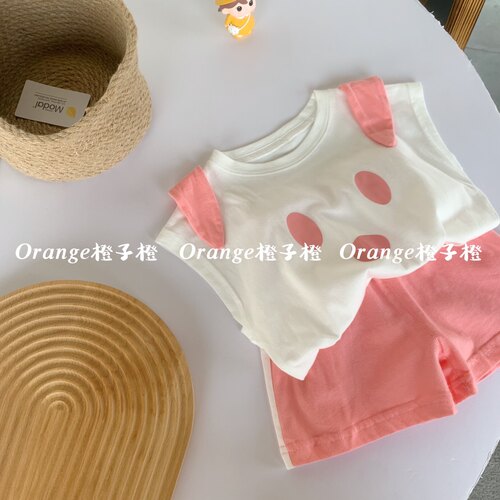 女童夏季新款无袖背心短裤套装棉宝宝洋气卡通T恤儿童中小童套装