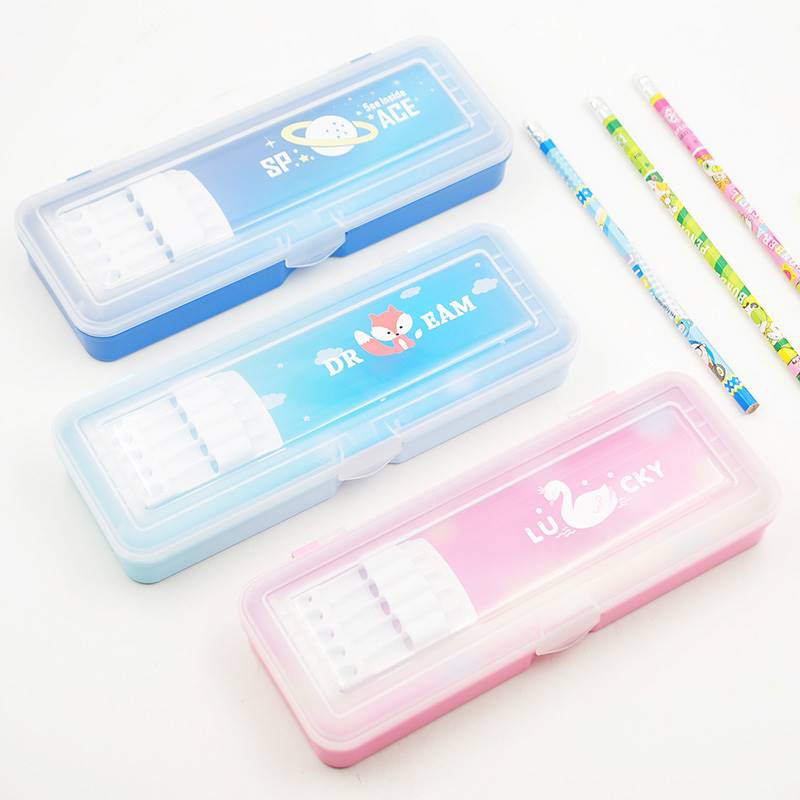小灵精透明盖笔插笔盒塑料双层小清新创意小学生铅笔盒男女文具盒