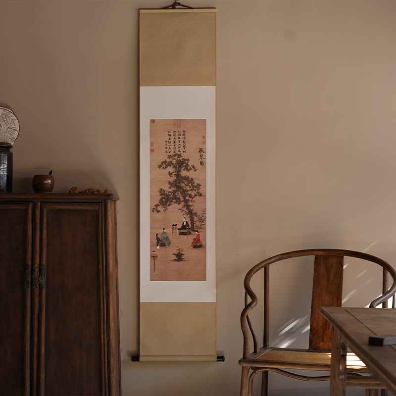 是名一鹿丨宋徽宗听琴图中式卷轴挂画诗意禅意卷轴竖版装饰画挂画