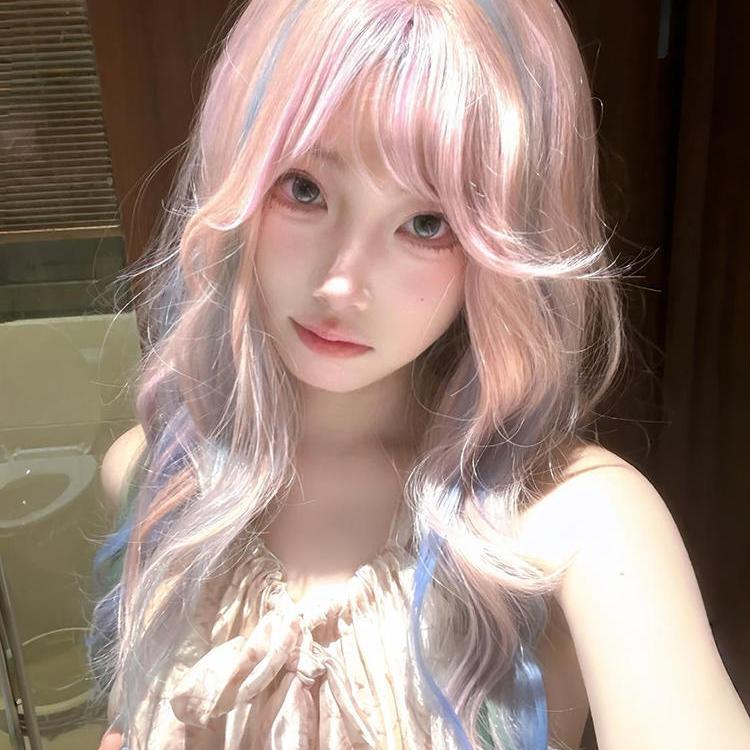 假发全头套女长卷发真人发五彩渐变彩虹挑染色cos气质显白漫展